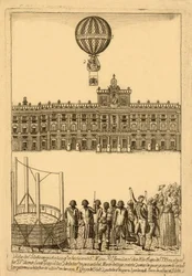 Vue du globe aérostatique devant Ss. Ms. et leur famille royale le 8 janvier 1793 dans lequel se trouvait Dn. Vicente Lunardi et est tombé à 14h, pub. 1793